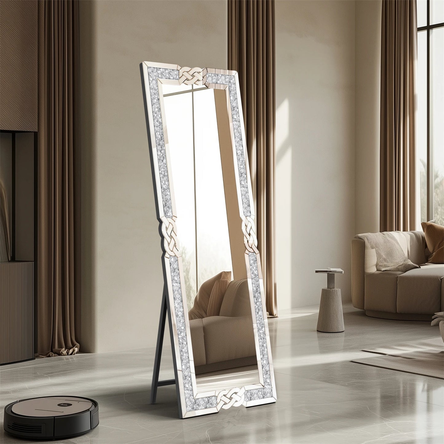 160cm Tall Crushed Diamond Full Length Mirror Silver Glass Full Body Length Mirror Standing/ Wall Bedroom Dressing Mirror