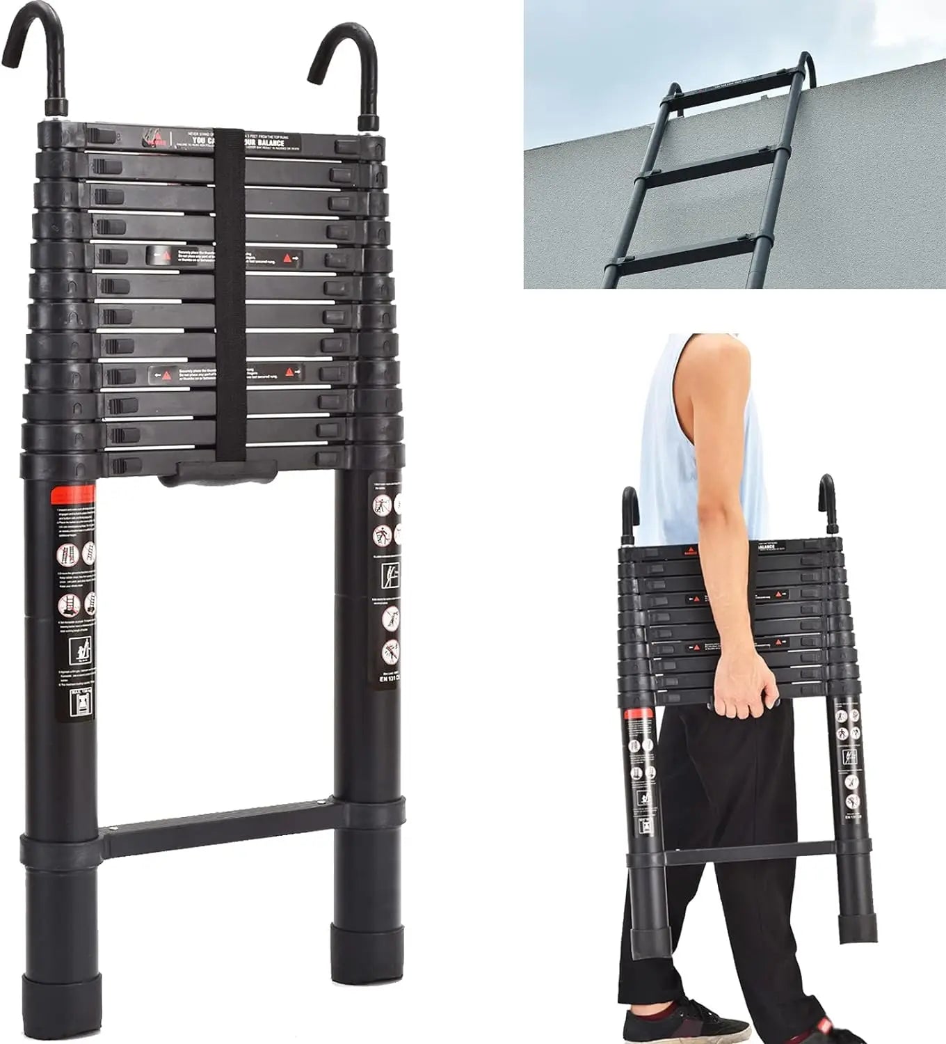 16.5FT 5M Telescopic Ladder with Detachable Hooks Folding Aluminum Extension Ladder Loft Ladder Multi-Purpose Collapsible Ladder