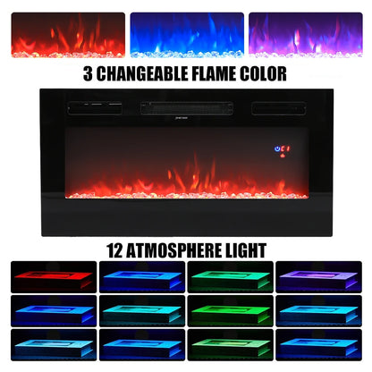 KOMORE Recessed Electric Fireplace TV Stand with Closed Storage, Overheating Protection, 12 Colors, 1-8H timer, Black&White