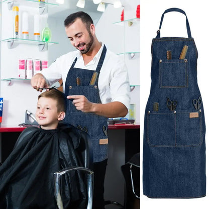 1-5PCS Barber Denim Apron Household Oil-proof Apron Adjustable Neckband Waistline Apron With Tool Pocket For Home Kitchen Barber