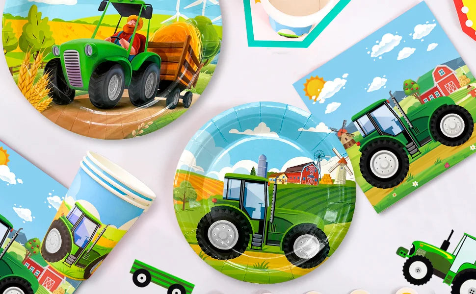 Tractor Birthday Party Supplies,130 pcs Decorations Tableware Pack-Tractor Plates and Napkins Cups Tablecloth&Banner etc