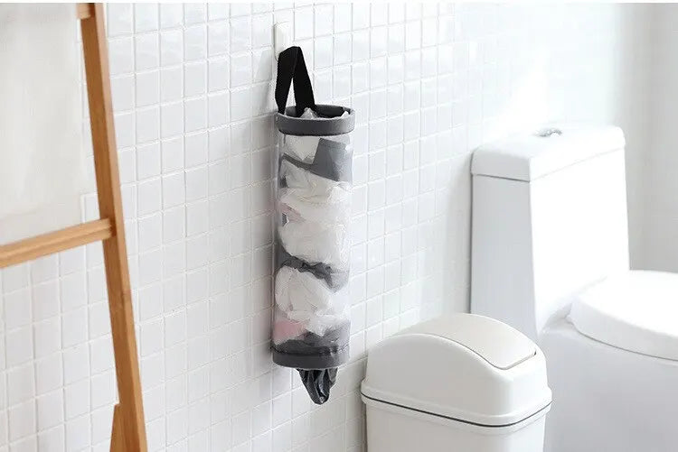 1pc Grey Sundries Bag Storage Wall Mount Mesh Plastic Bags Dispenser Hanging Reused Storage Pouch Trash Bags Kitchen Garbage Org