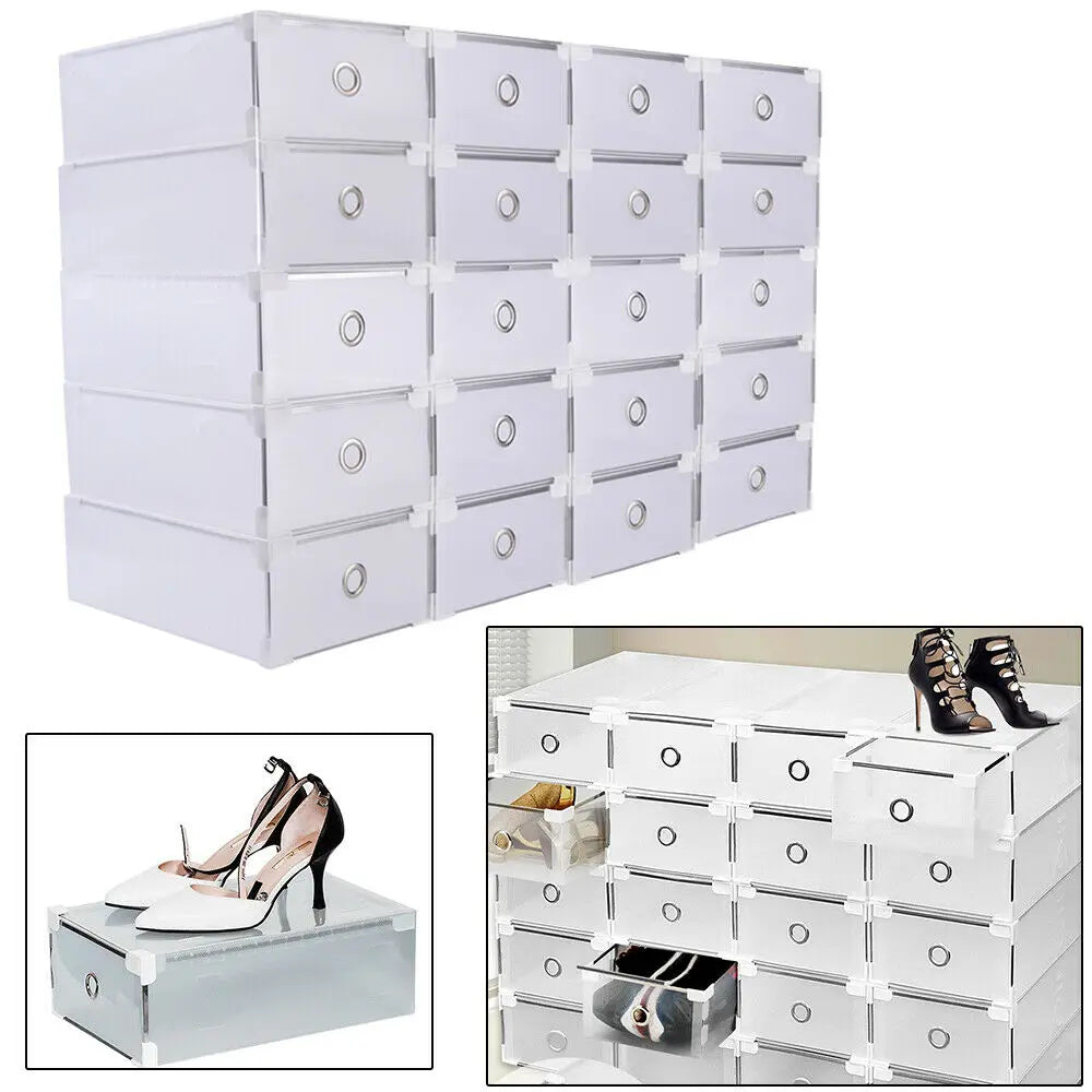 Set of 20 Clear Shoe Boxes Storage Organizer Containers with Lids, Stackable Suitable for Women's, Men's and Children's or Socks