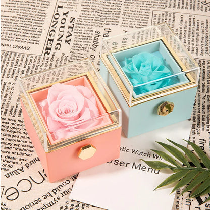 Rotating Jewelry Box with Engraved name Necklace Forever Flower Preserved Rose Box Mother's Day Birthday for Mom Wife Girlfriend