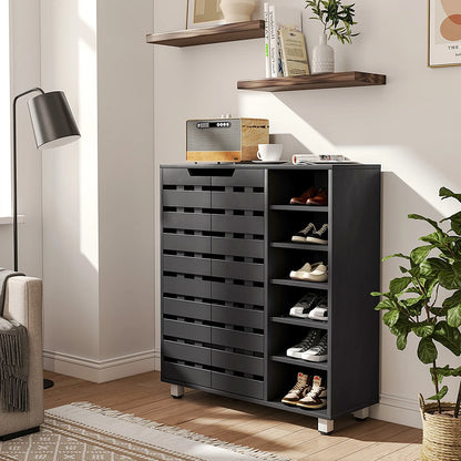 5-Tier Black Shoe Cabinet with Doors, 87cm W x 32cm D x 97.5cm H