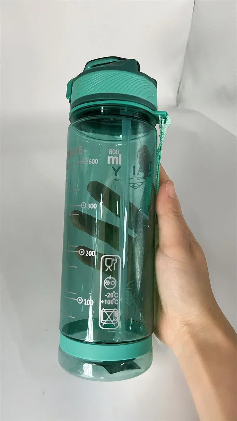 800ml Sports Water Bottle with straw For Camping Hiking Outdoor Plastic Transparent BPA Free Bottle For men Drinkware