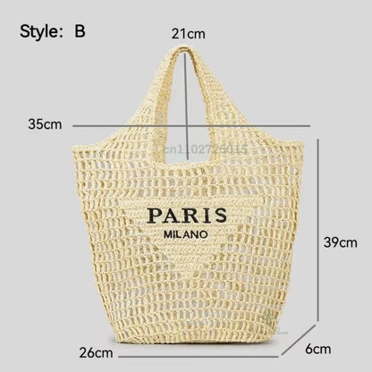 Women Summer Beach Vacation Fashion Straw Knitting Shoulder Bag Hollow Out Handwoven Handbag Portable Large Capacity Casual Tote