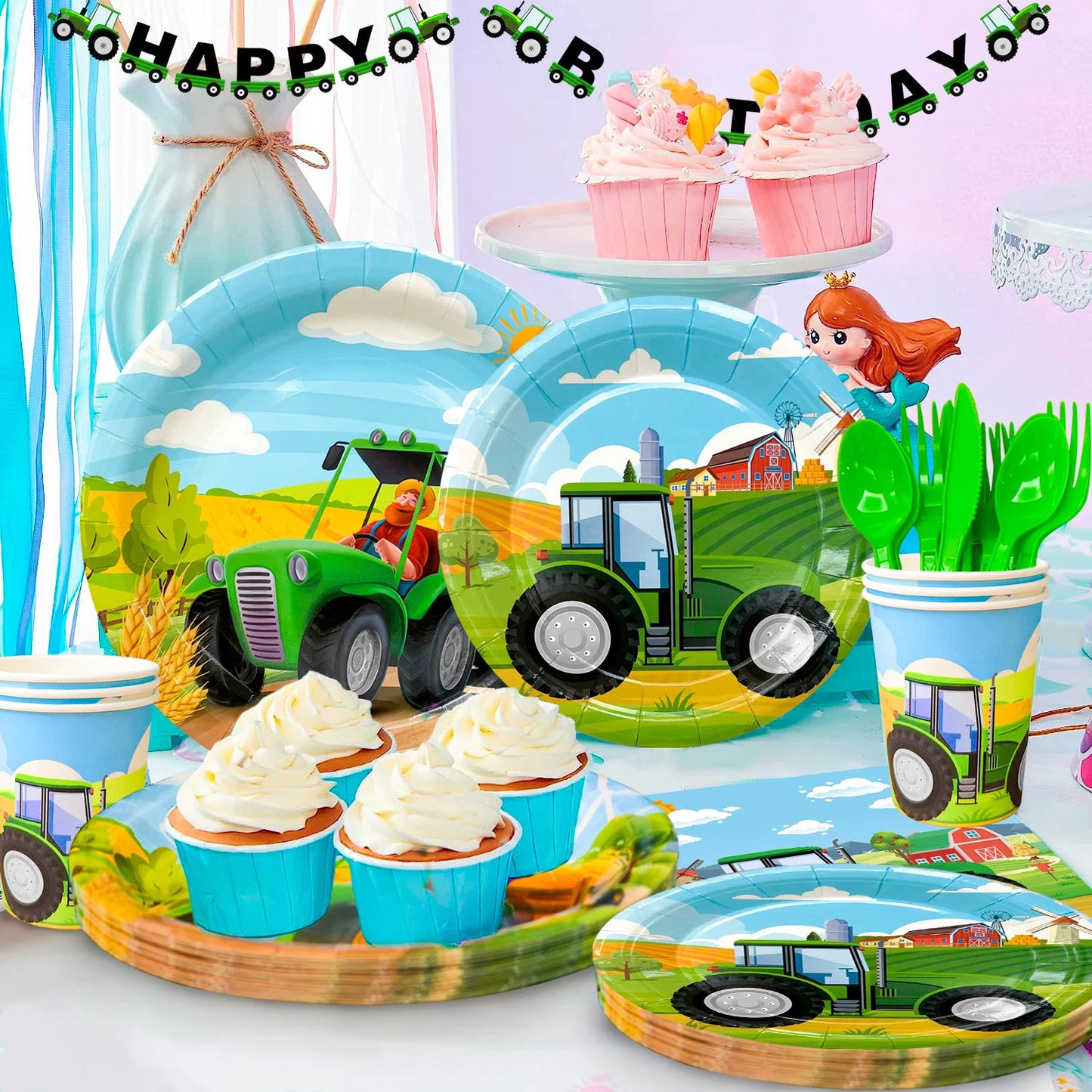 Tractor Birthday Party Supplies,130 pcs Decorations Tableware Pack-Tractor Plates and Napkins Cups Tablecloth&Banner etc