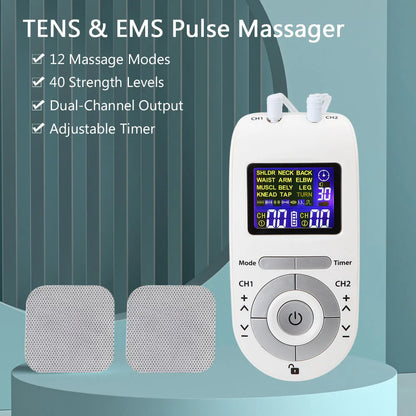 Portable Dual-Channel TENS&EMS Device Pulse Massager Muscle Stimulator Unit 12 Massage Modes 40 Strength Levels Adjustable Timer