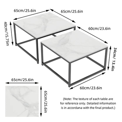 2PCS Square Marble Nesting Coffee Table, Living Room Furniture Display, End Side Accent Tables, Occasional Set