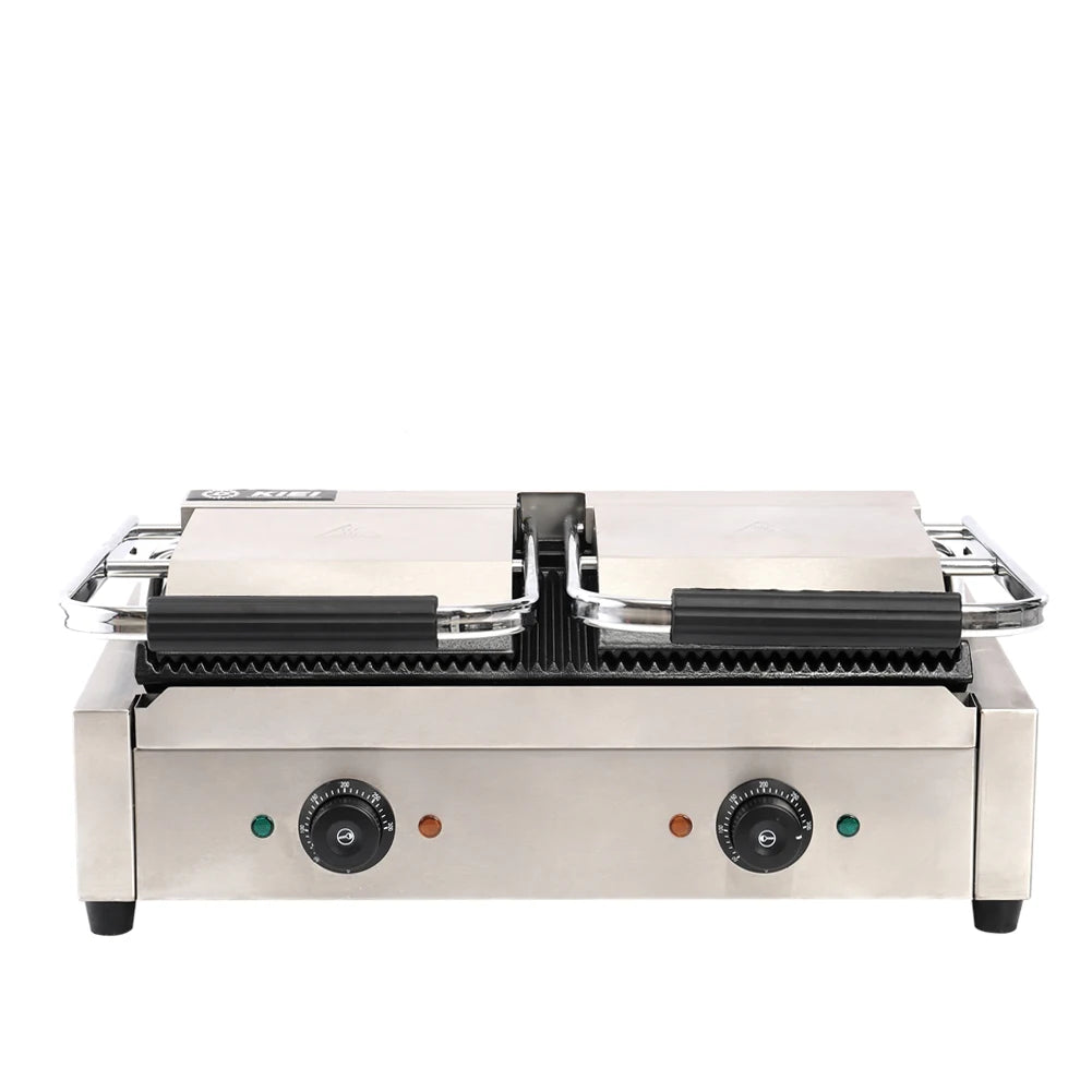 3.6KW Double Commercial Sandwich Press Grill with Knob Temperature Control for Cooking Sandwiches, Sausages, Eggs and Pancakes