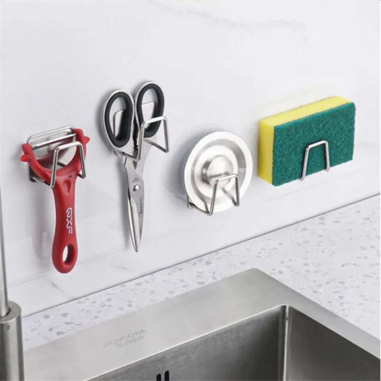 Sleek and Stylish Stainless Steel Wall-Mounted Kitchen Sink Shelf - Convenient Sponge Holders, Drain Drying Rack, and Organizer