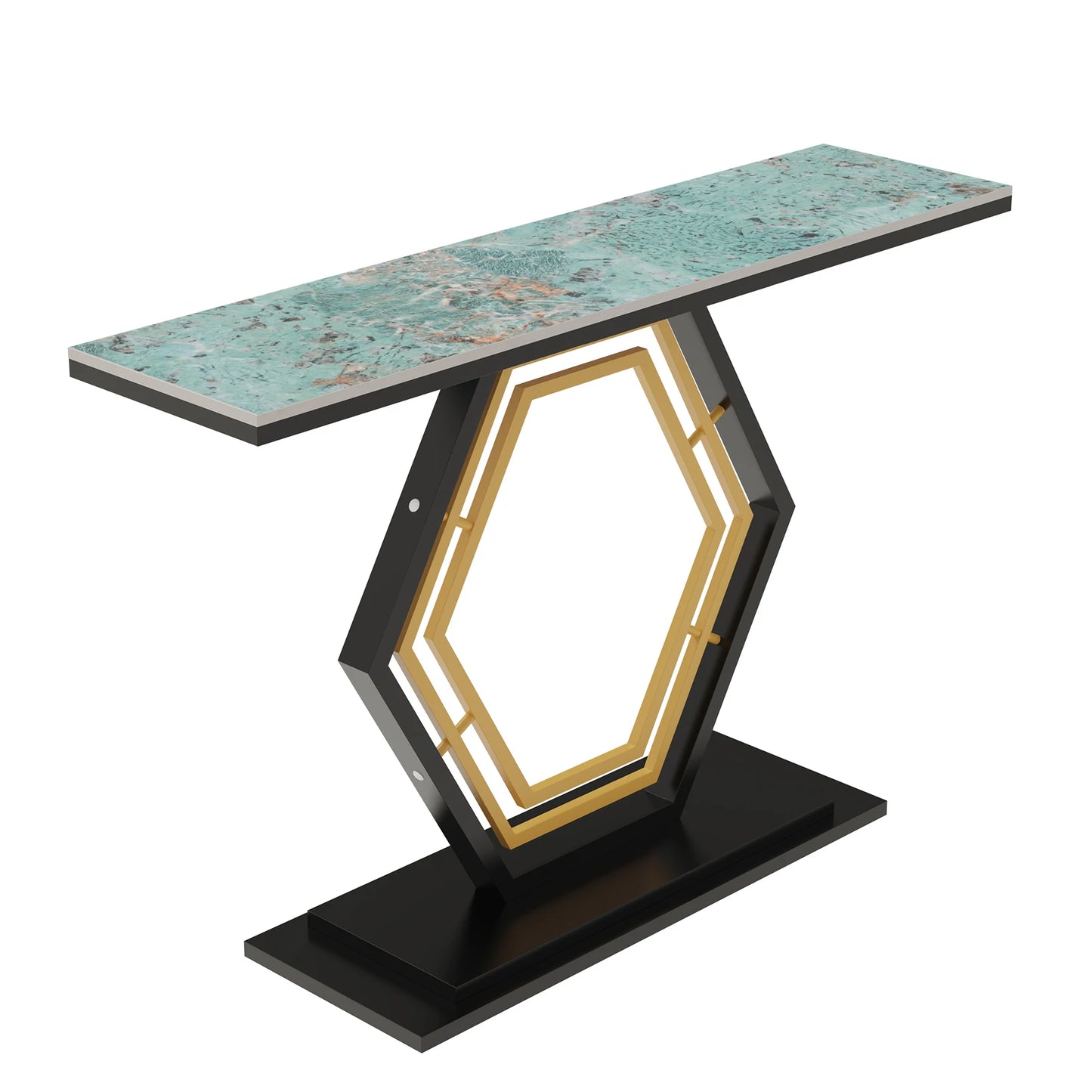 Real Marble Console Table, Solid Geometric Base, Sofa Side Entryway Table, Emerald Green/White, 120cm Long