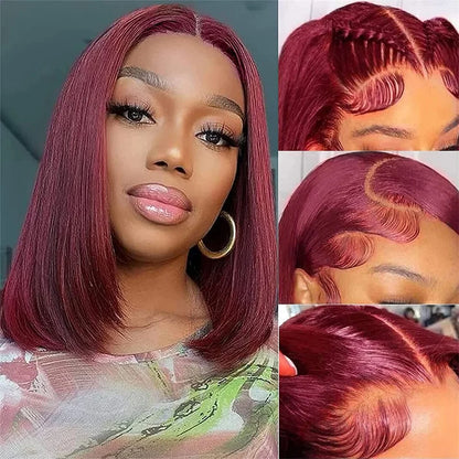 200% 13x6 Burgundy HD Transparent Short Bob Human Hair Wigs Color 99J Red Bone Straight Lace Front Wig For Women Pre Plucked