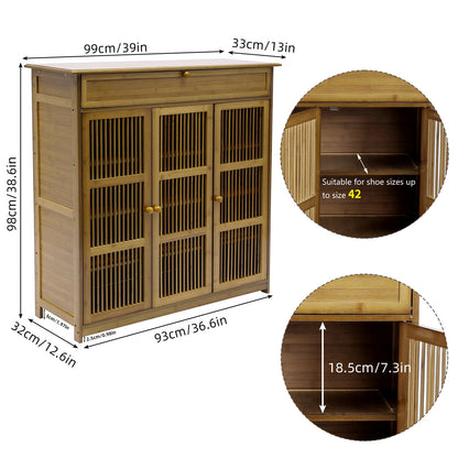 XXL Vintage Shoes Rack 4-Tier Bamboo Entryway Storage Cabinet Closet Living Room Bedroom 3 Doors