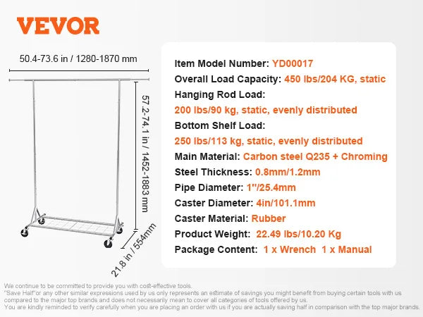 VEVOR Clothing Garment Rack Heavy Duty Clothes Rack Adjustable Length Clothes Rack w/ Bottom Shelf & Wheels for Laundry Room