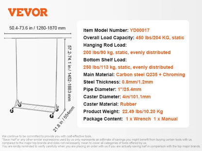 VEVOR Clothing Garment Rack Heavy Duty Clothes Rack Adjustable Length Clothes Rack w/ Bottom Shelf & Wheels for Laundry Room