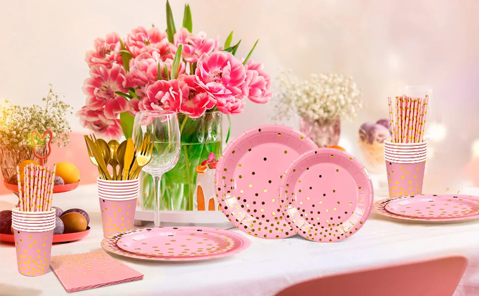 Pink and Gold Party Supplies 193 pcs/Serves 24 Pink and Gold Birthday Dinnerware Set- Pink and Gold Birthday Plates Cups etc