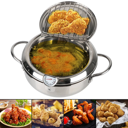 20 cm Cooking Tool 304 Stainless Steel 2 Handles 2.2L With Thermometer and Lid Tempura Fryer Pan Deep Frying Pot