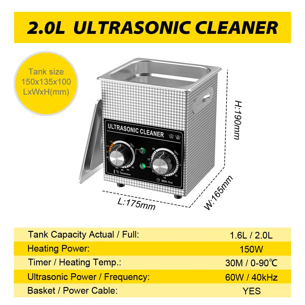 Ultrasonic Cleaner Bath 2L 60W/120W with Stainless Basket Heater Timer Digital Display Diswasher Ultrasound Home Appliances