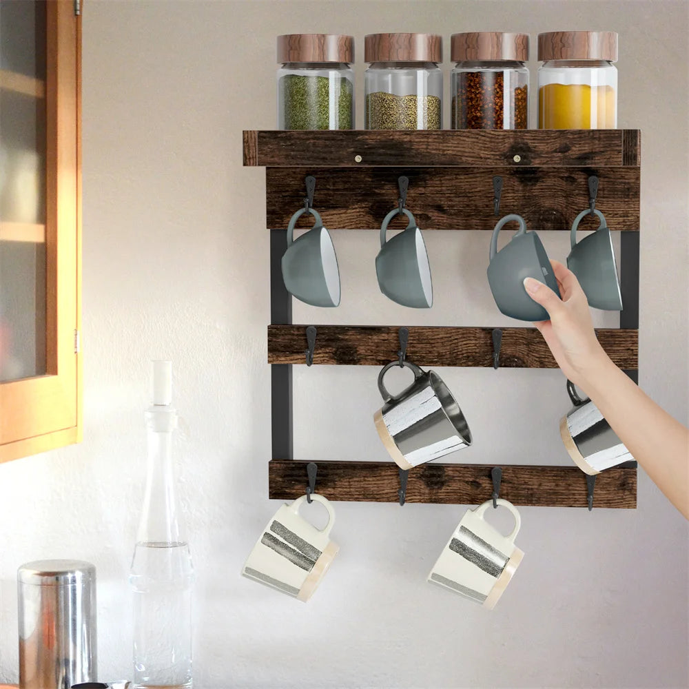 Wall Mounted Wooden Cups Hanging Organizer, Coffee Mug Cup Rack, Holder Shelf, 12 Hooks