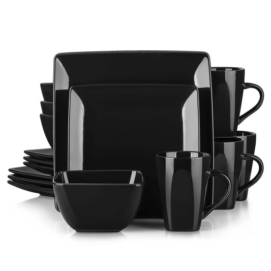 Vancasso SOHO 16/32/48-Piece Black Ceramic Porcelain Square Dinnerware Set with Dinner Plate,Dessert Plate,Bowl,240ml Mug Set