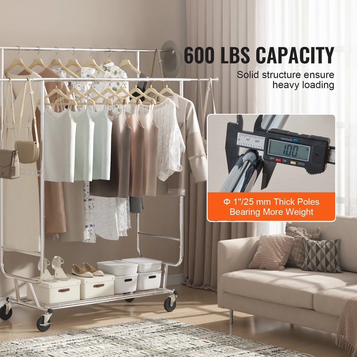 VEVOR Clothing Garment Rack Heavy Duty Clothes Rack Adjustable Length Clothes Rack w/ Bottom Shelf & Wheels for Laundry Room