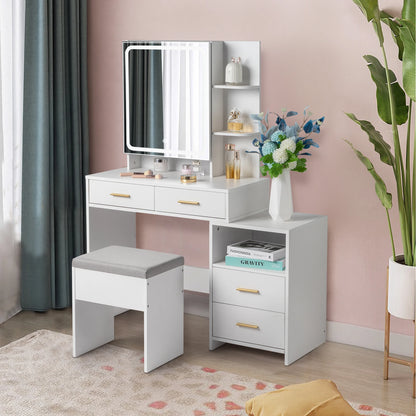 4-Drawer Dressing Table Set with Mirror Cabinet, LED Three-Tone Light, and Storage Cabinet - Modern White Furniture for Bedroom