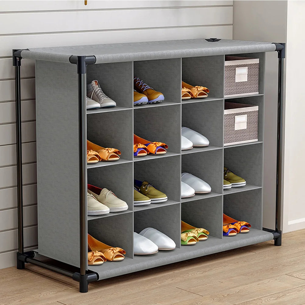 4 Tiers 16-Pair Non-woven Grid Shoes Rack Grey Cubes Storage Shelf Rack Organizers