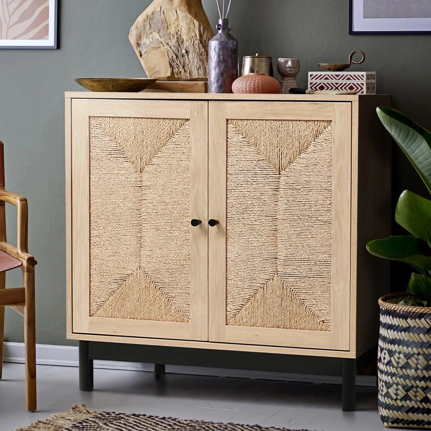 Rustic Wooden Sideboard with Woven Doors, 77cm W x 40cm D x 80.5cm H