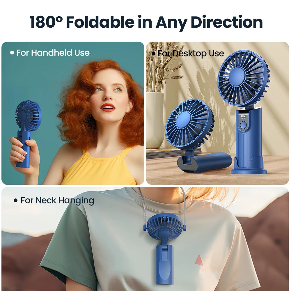 TOPK Portable Hand Held Fan,5000mAh 2-IN-1 Neck HandHeld Fan 180° Foldable Whisper-Quiet Brushless Motor Comes with Hanging Rope