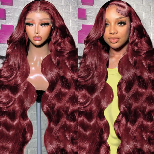 13x4 99J Burgundy Lace Front Wig Body Wave Colored Transparent Lace Wig 13x6 360 Lace Frontal Wig Human Hair Wigs Red Wigs Remy