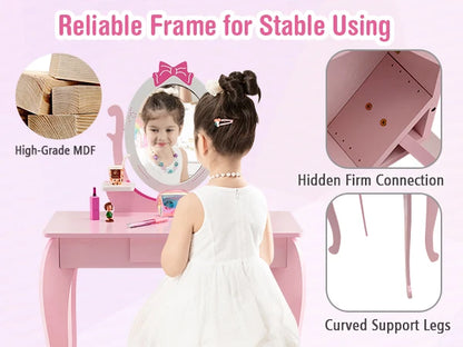 GOFLAME 2-in-1 Kids Vanity Table Set, Princess Pretend Play Makeup Table w/ Stool