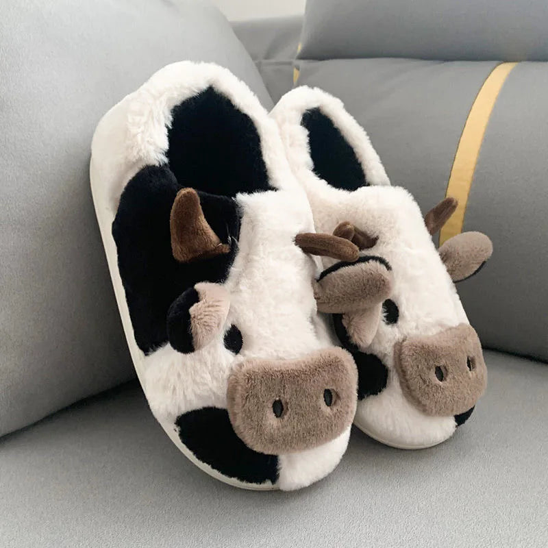 Pallene Women Winter Fur Fuzzy Slippers Cute Cartoon Cow Plush Slippers Indoor Warm Comfy House Slides Soft Casual Cotton Shoes