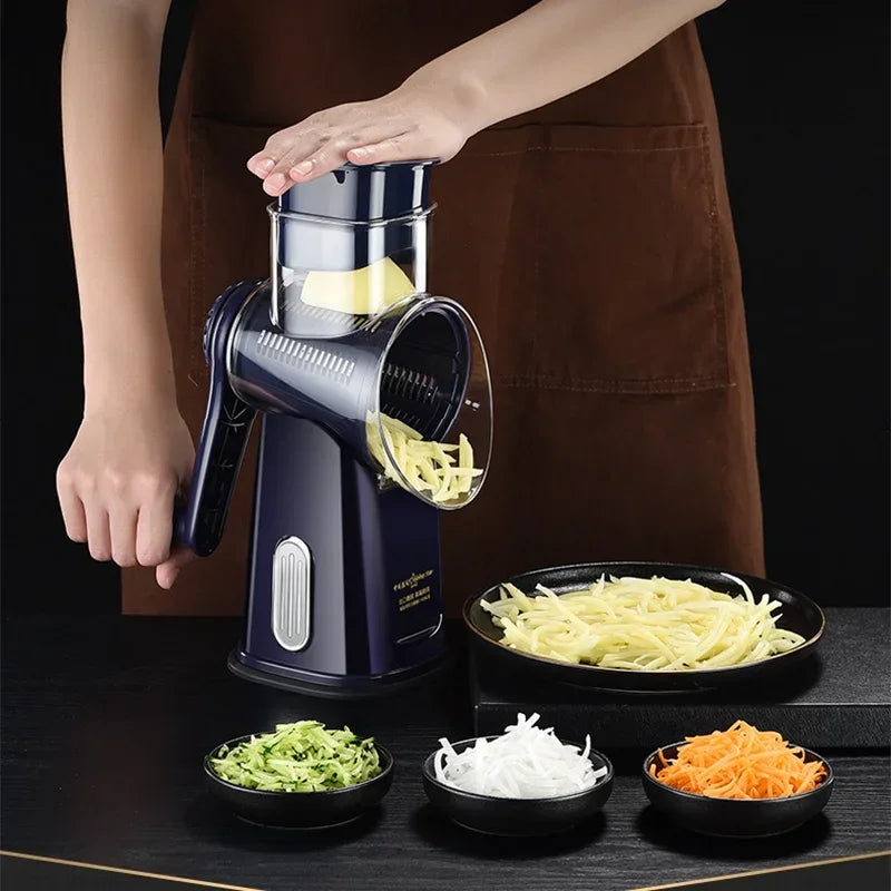 Rotary Cheese Grater Shredder Round Mandolin Slicer with Handle and 5 Drum Blades Kitchen Manual Vegetable Slicer Nuts Grinder