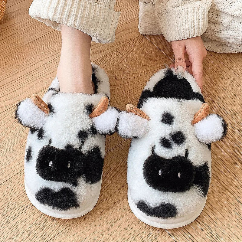 Women's Winter Warm Cartoon Cow Slippers Closed Toe Non Slip Furry House Shoes Women Indoor Bedroom Thick Sole Plush Slippers