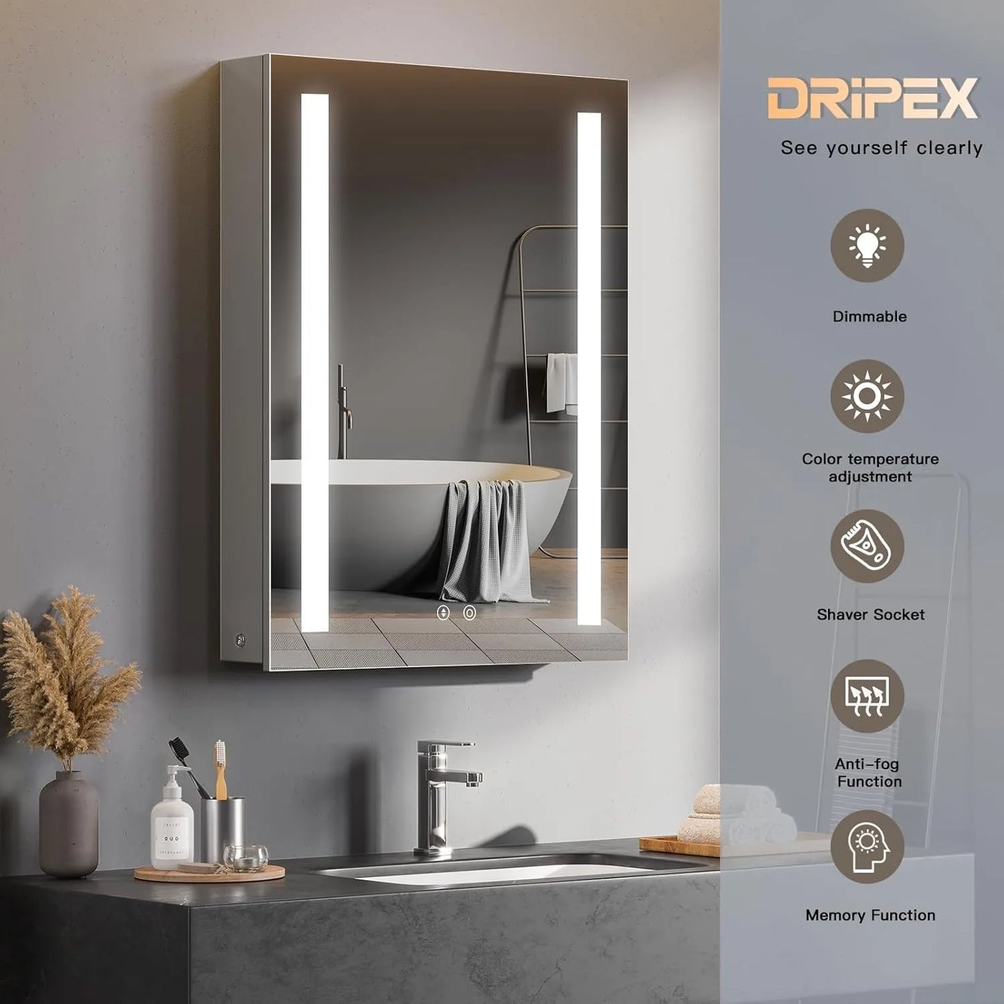 Mirror Cabinet with LED, Illuminated LED Bathroom Mirror Cabinet with Shaver Socket Dimmable Switch 3 Colors and Demister Pad