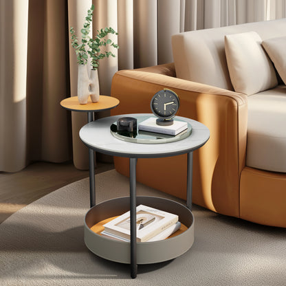 Unique 3-Tier Round Side End Table Sintered Stone-top and Saddle Leather Shelves Accent Bedside Table for Living Room, Bedroom