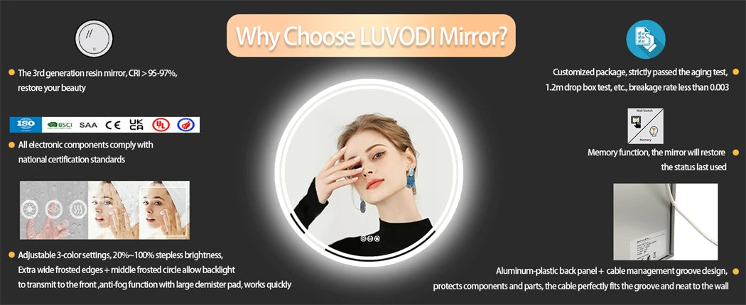 LED Bathroom Mirror Round 600/800mm Illuminated Dimmable Backlit Lighted Wall Vanity Mirror Anti-fog Smart Makeup Shaving Mirror