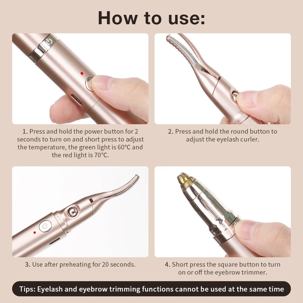 Electric Eyelash Curler Eyebrow Trimmer 2 in 1 Multifunctional Heated Eye Lashes Long Lasting Naturally Curled Tools Make Up