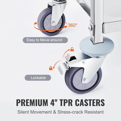 VEVOR Stainless Steel Cart 3/2/1 Layers Lab Utility Cart Medical Cart W/ Lockable Universal Wheels for Lab Clinic Kitchen Salon