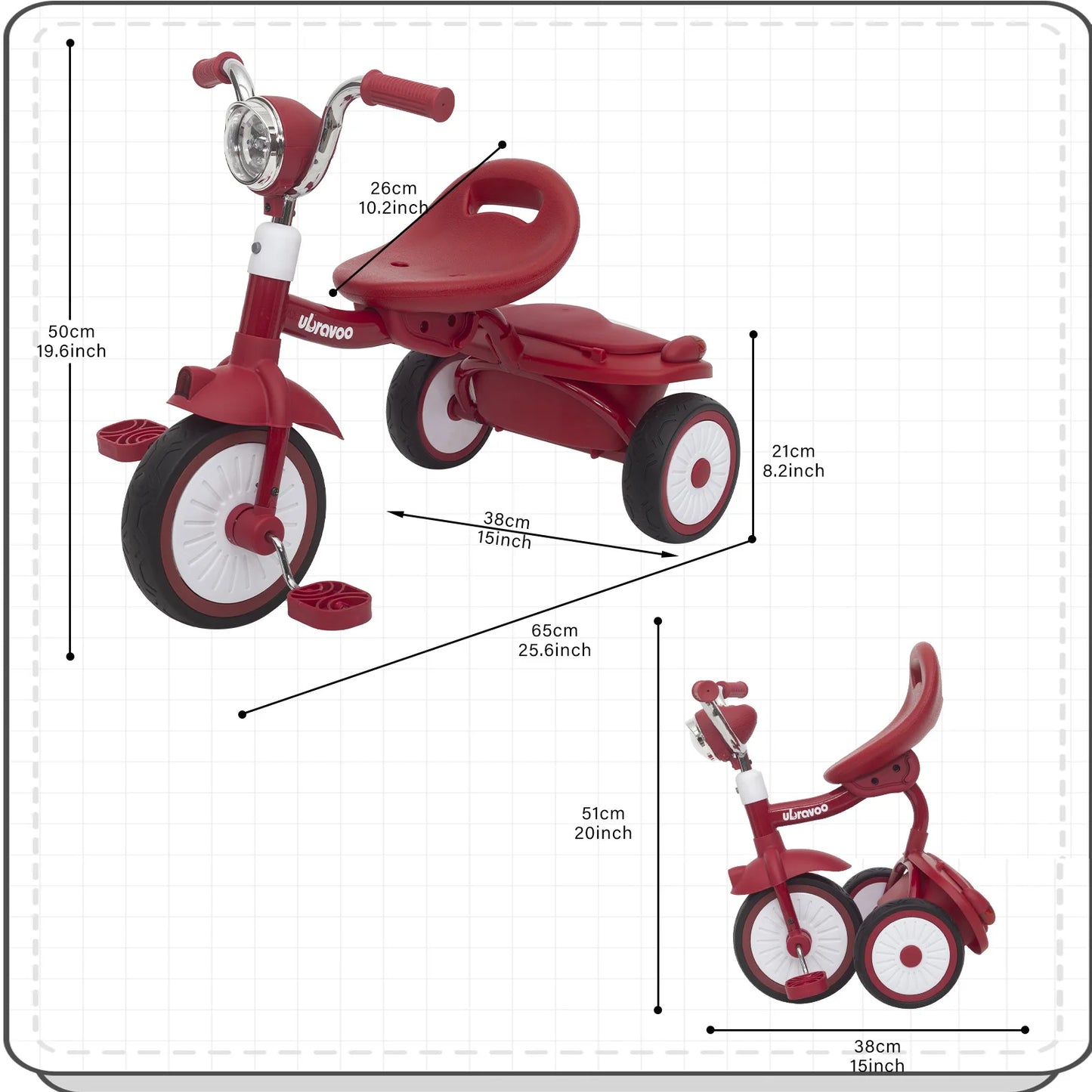 UBRAVOO Baby Foldable Tricycle Trike with Pedals,Unique PU Wheels with Elasticity Shock-absorbing Effect,Cool Lights,1-5 Years