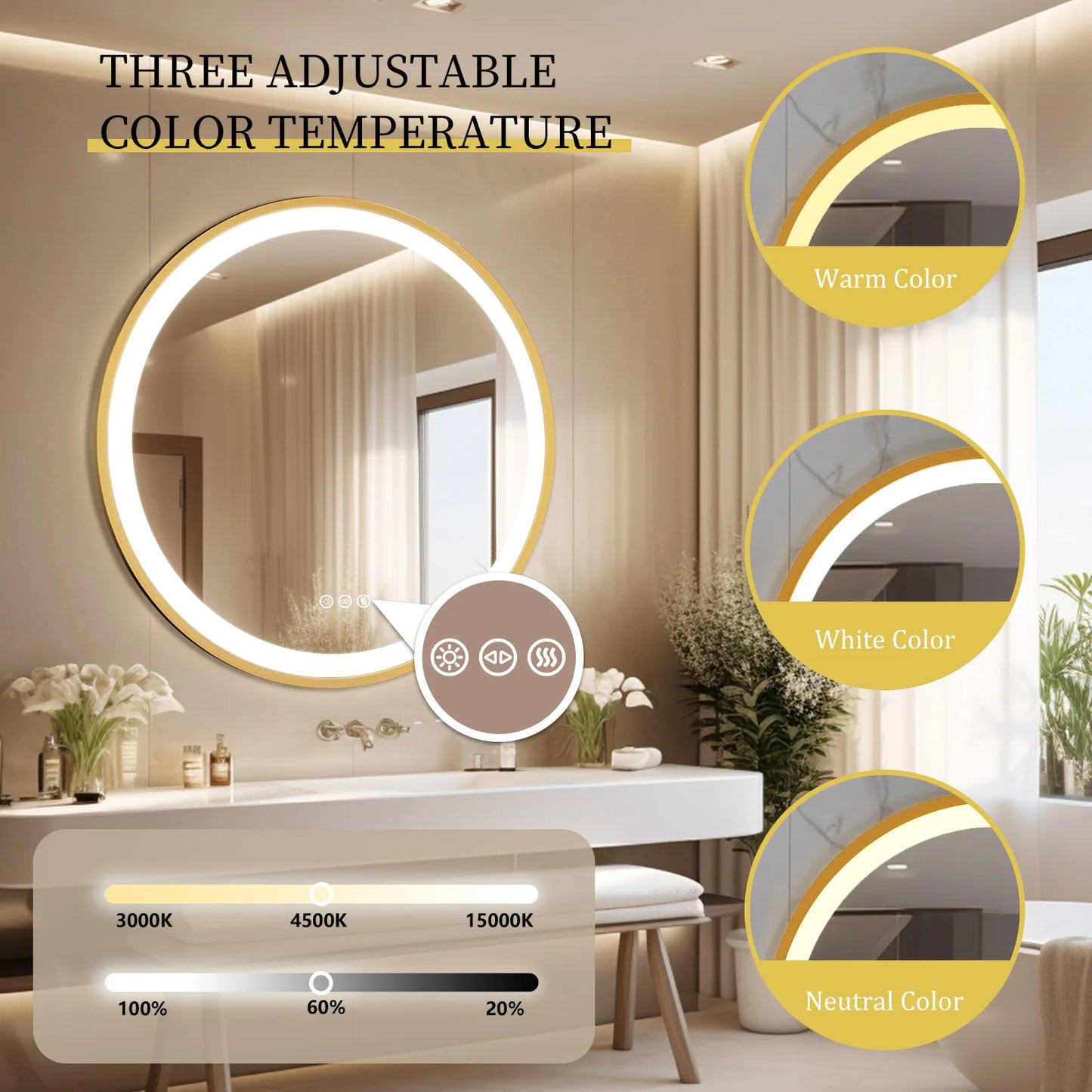 24/32 Inch Gold Frame LED Bathroom Mirror 3 Colors Temperature Wall Mounted Vanity Mirror Fast Defagging