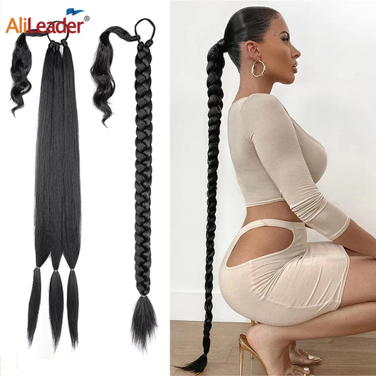 26"34Inch Braided Ponytail Extension Yaki Synthetic Long Ponytail With Hair Tie Diy Braided Ponytail High Temperature Fiber