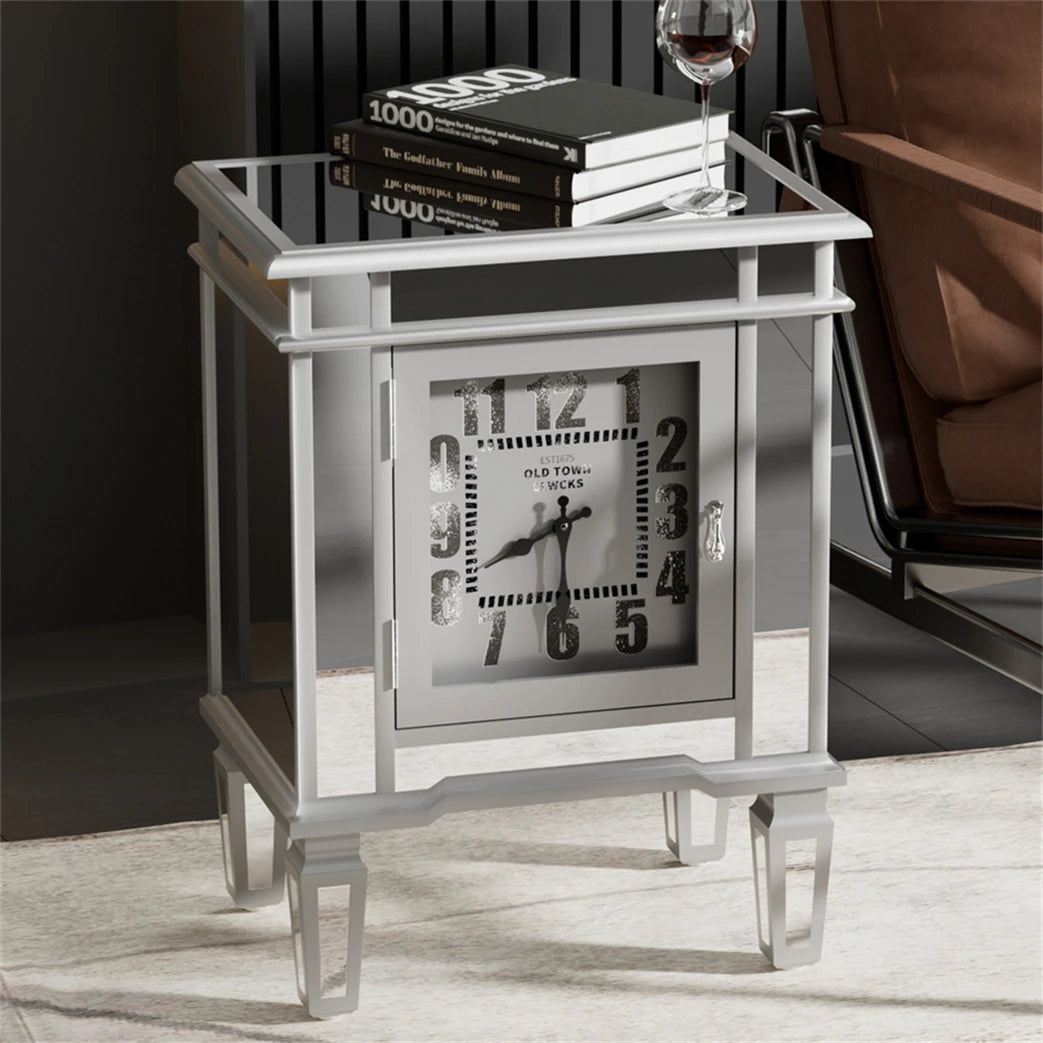 Silver Mirrored Glass Bedside Table Nighstand Side Table Cabinet with Quartz Clock and Storage Cabinet