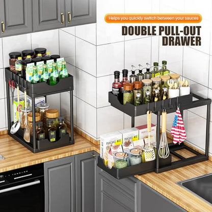 2 Tier Under Sink Organizer Sliding Cabinet Basket Organizer Drawer Under Sink  Rack with Hook Bathroom Kitchen Organizer Cosina