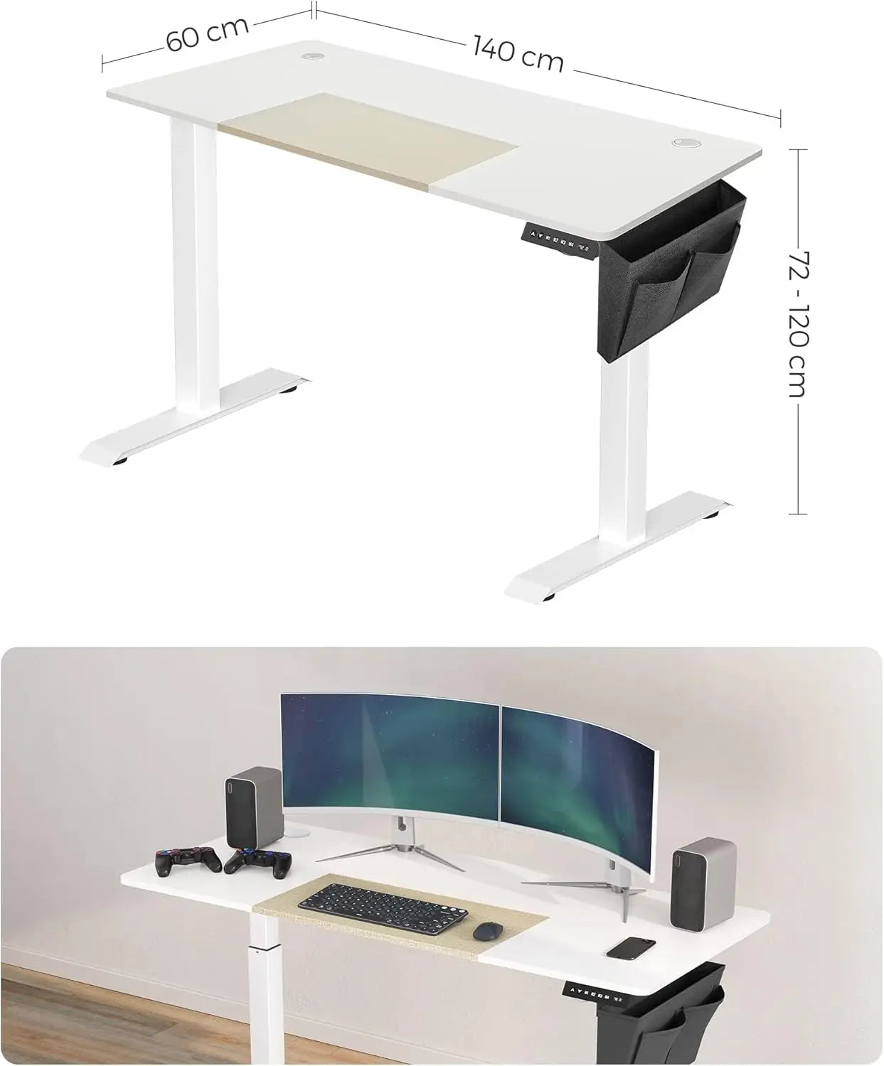 SONGMICS Electric Standing Desk, Height Adjustable Desk, 60 x 140 x (72-120) cm, Continuous Adjustment, Spliced Tabletop