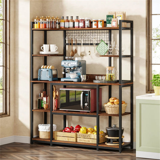 5 Tier Baker's Rack Industrial Microwave Stand Holder Kitchen Storage Rack with Hooks and Shelves for Spices Pots and Pans