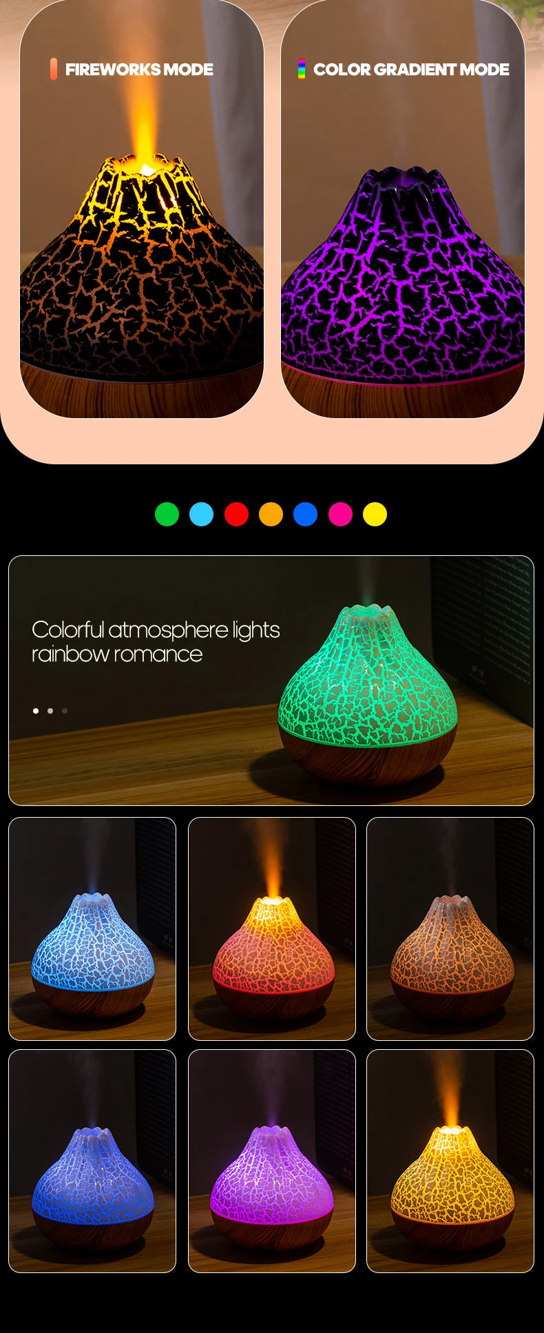 300ml Volcano Air Humidifier Desktop Electric USB Humidificadore Water Mist Diffuser Purifier Air Freshener With 7 Colors Night