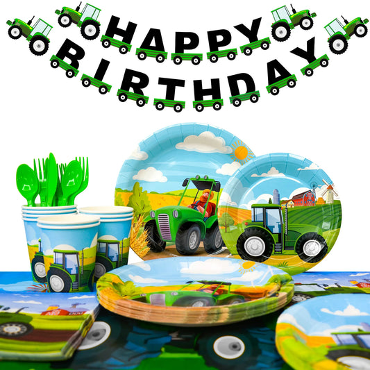 Tractor Birthday Party Supplies,130 pcs Decorations Tableware Pack-Tractor Plates and Napkins Cups Tablecloth&Banner etc